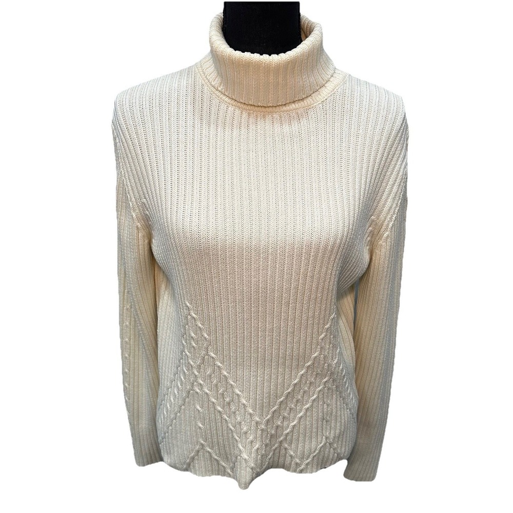 Jones New York Country Women's Large Sweater Ivory Turtleneck Pull Over Preppy